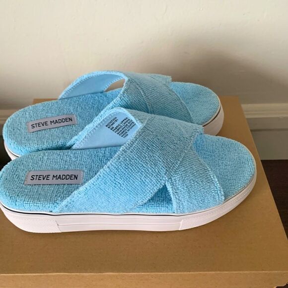 Steve Madden rotation platform slip-on open toe sandal size 7 and 8 light blue - Picture 1 of 8
